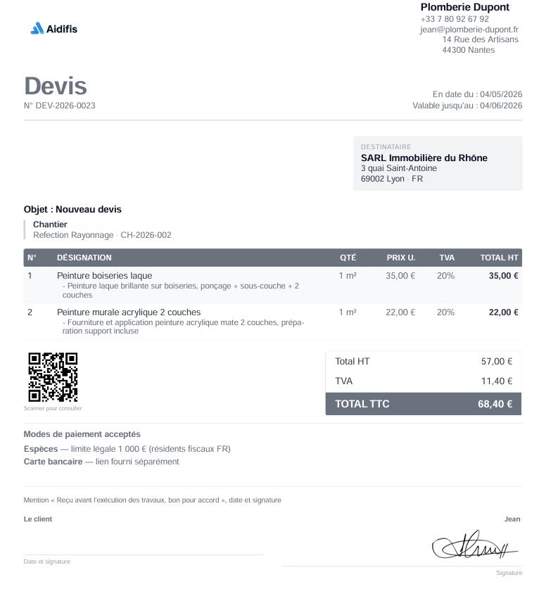 Devis et factures conformes dans Aidifis